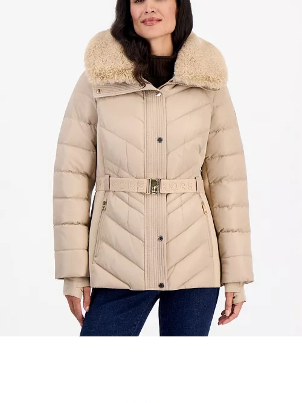 Michael Kors Beige Quilted Down Belted Jacket with Faux Shearling Collar